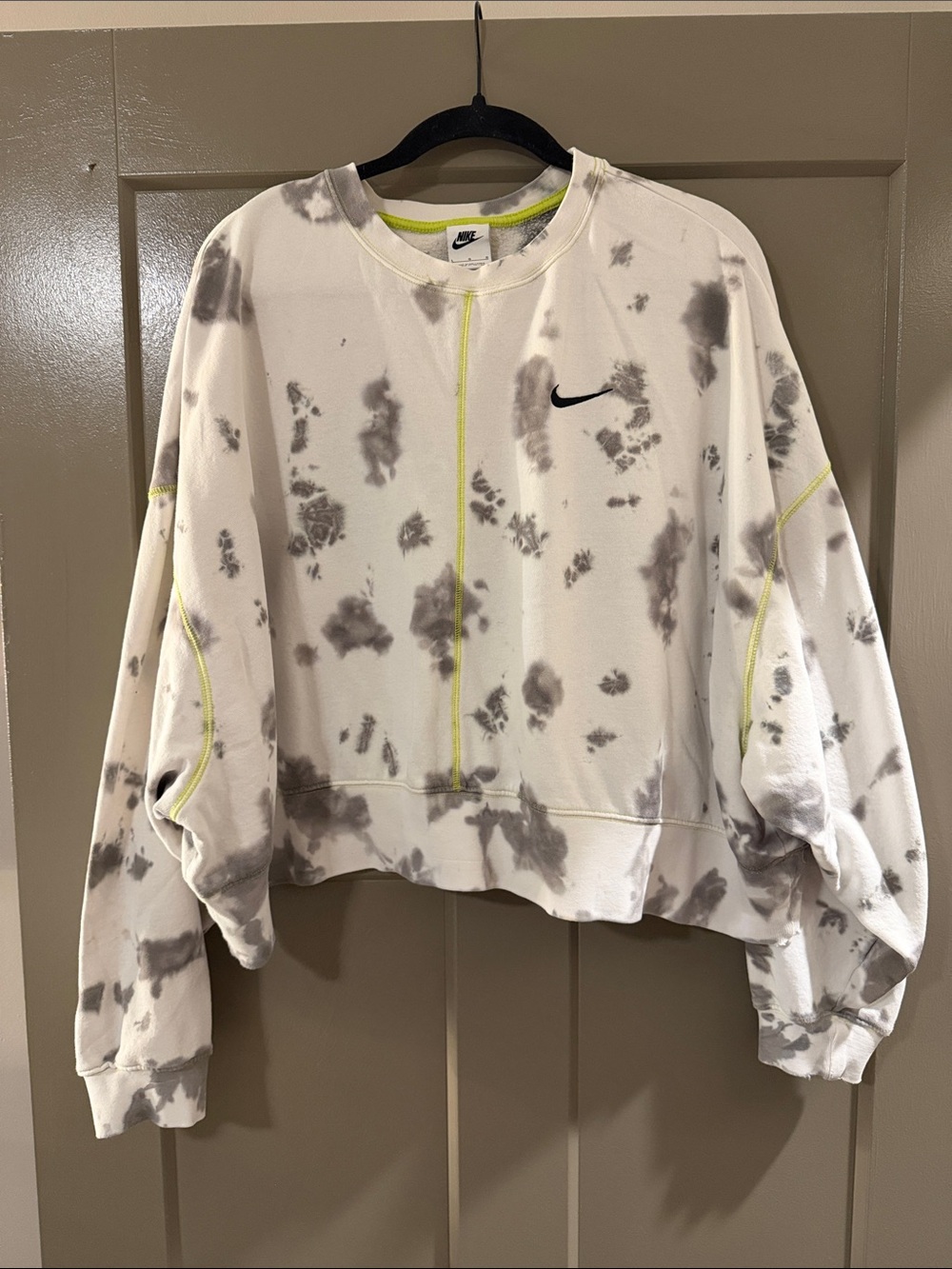 Nike White & Gray Tie-Dye Crewneck Sweatshirt with Neon Stitch